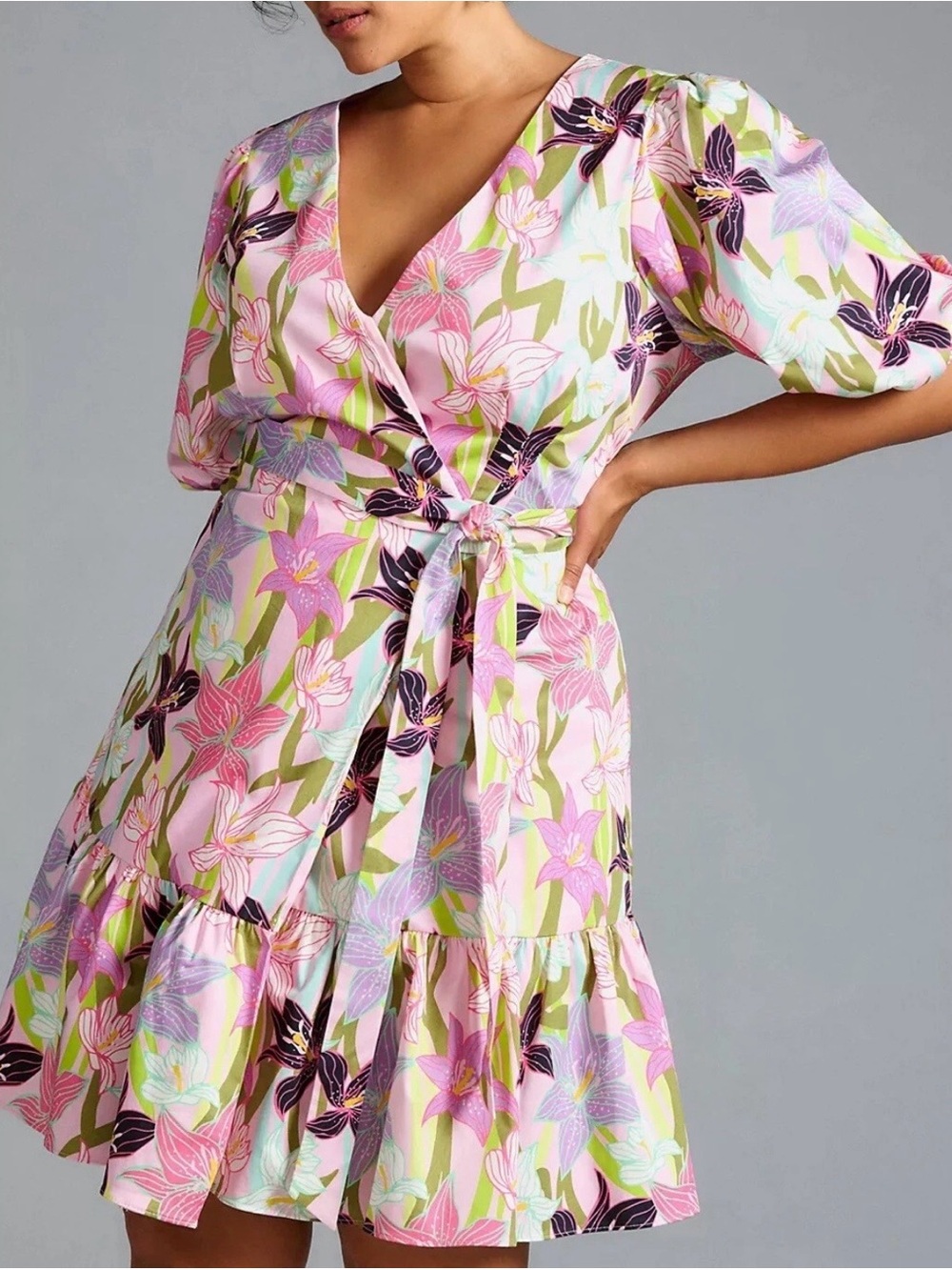 Hutch Anthropologie Pink Floral Wrap Mini Dress